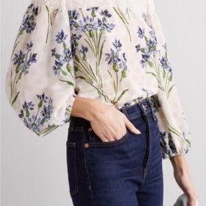 RED Valentino Cream Peasant Blouse with Blue Floral Embroidery
